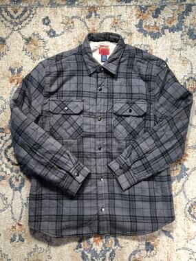 Big Mac Jacket Mens Large Gray Plaid Flannel Sherpa Lined Snap Front Workwear